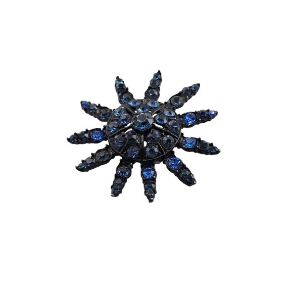 Vintage Japanned Blue Rhinestone Starburst Brooch Pin (A832) - Picture 2 of 5